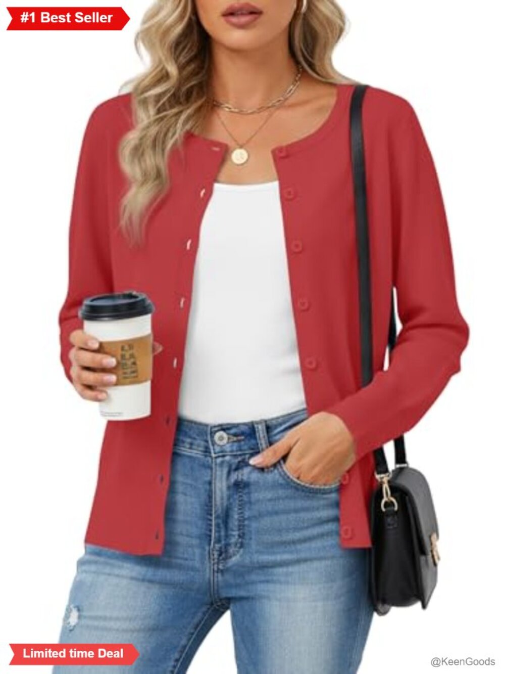 Women's Lightweight Button Front Crewneck Cardigan Sweater